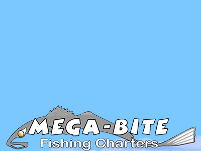 Mega-Bite logo consisting of fish with blue background.